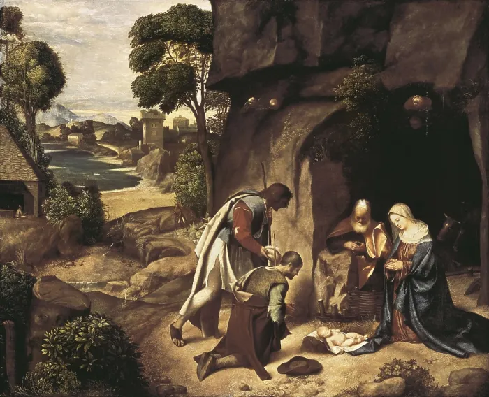 Framed Print : GIORGIONE, Giorgio da Castelfranco, called (1477-1510). The Adoration of the Shepherds. ca. 1505 - 1510. Renaissance art. Cinquecento. Venetian school. Oil on wood