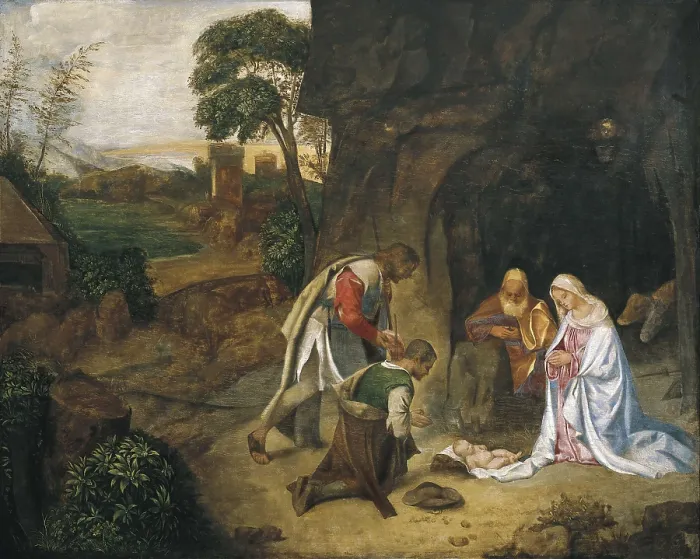 Framed Print : GIORGIONE, pupil of (15th-16th century). Adoration of the Shepherds (Adorazione dei pastori). ca. 1504. Renaissance art. Cinquecento. Venetian school. Oil on wood. AUSTRIA