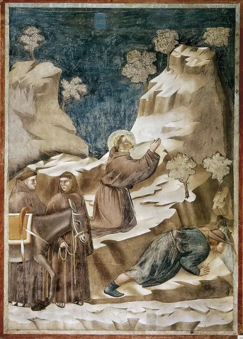 Framed Print : Giotto di Bondone (1267-1337). Legend of St Francis: Miracle of the Spring. 1297-1300. ITALY. Assisi. Basilica of San Francesco d'Assisi. Renaissance art. Trecento. Fresco