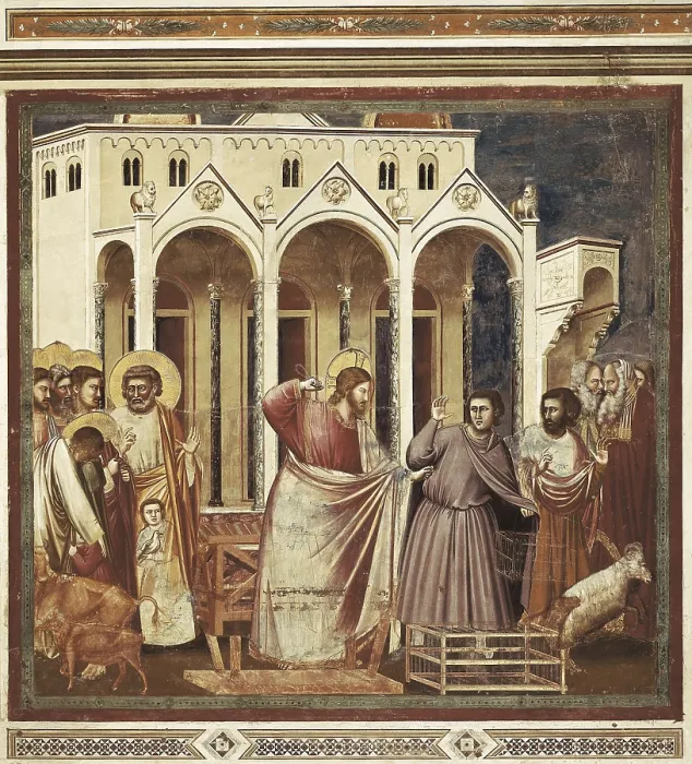 Framed Print : Giotto di Bondone (1267-1337). Scenes from the Life of Christ: 11. Expulsion of the Money-changers from the Temple. ITALY. Padua. Scrovegni Chapel. Renaissance art. Trecento Framed Print : Giotto di Bondone (1267-1337). Scenes from the Life of Christ: 11. Expulsion of the Money-changers from the Temple. ITALY. Padua. Scrovegni Chapel. Renaissance art. Trecento