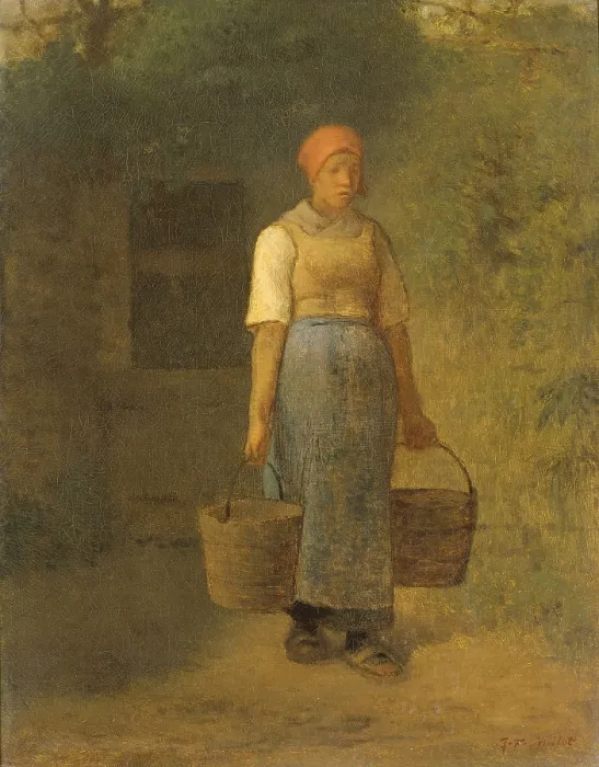 Framed Print : Girl Carrying Water, by Jean Francois Millet, c. 1855-60. French oil painting on canvas. French peasant woman with two buckets and a well in the background. (BSLOC_2016_1_47)