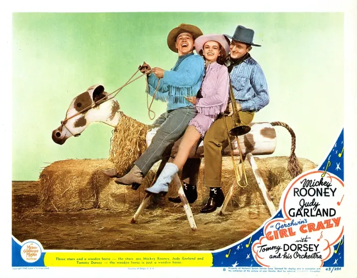 Framed Print : GIRL CRAZY, US lobbycard, from left: Mickey Rooney, Judy Garland, Tommy Dorsey, 1943