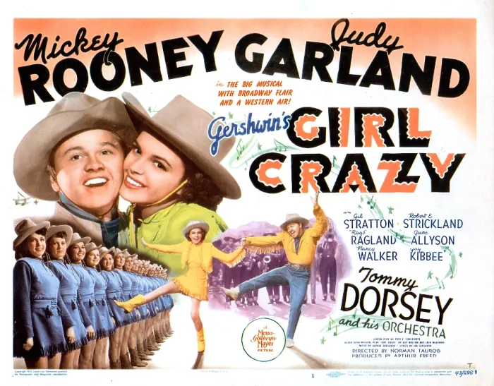 Framed Print : GIRL CRAZY, US poster, Mickey Rooney (top left, and bottom right), Judy Garland (top right, and bottom left in yellow), 1943 Framed Print : GIRL CRAZY, US poster, Mickey Rooney (top left, and bottom right), Judy Garland (top right, and bottom left in yellow), 1943