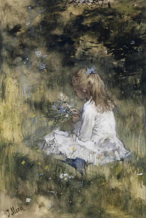 Framed Print : Girl with Flowers on the Grass, by Jacob Maris, 1878, Dutch watercolor painting, drawing with chalk