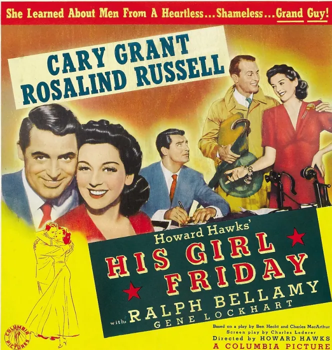 Framed Print : HIS GIRL FRIDAY, from left: Cary Grant, Rosalind Russell, Cary Grant, Ralph Bellamy, Rosalind Russell on window card, 1940