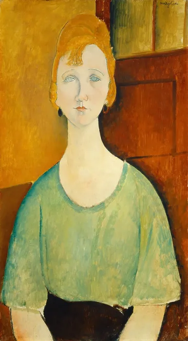Framed Print : Girl in a Green Blouse, by Amedeo Modigliani, 1917, Italian painting, oil on canvas