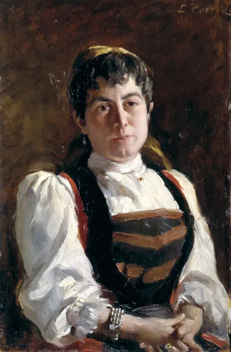Framed Print : Girl from Gressoney (Fanciulla gressonese), by Demetrio Cosola, 1870 - 1895, 19th Century, oil on canvas - Private collection. Whole art work view
