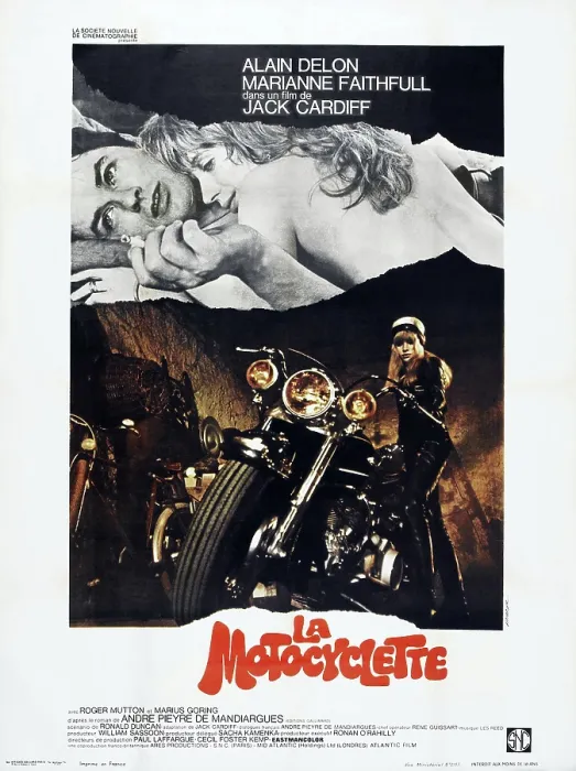 Framed Print : THE GIRL ON A MOTORCYCLE, (aka LA MOTOCYCLETTE), French poster, from left: Alain Delon, Marianne Faithfull, 1968 Framed Print : THE GIRL ON A MOTORCYCLE, (aka LA MOTOCYCLETTE), French poster, from left: Alain Delon, Marianne Faithfull, 1968