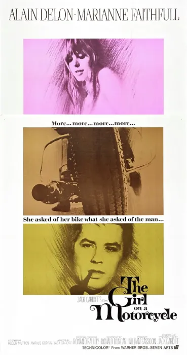 Framed Print : THE GIRL ON A MOTORCYCLE, (aka NAKED UNDER LEATHER), Marianne Faithfull (top), Alain Delon (bottom), 1968
