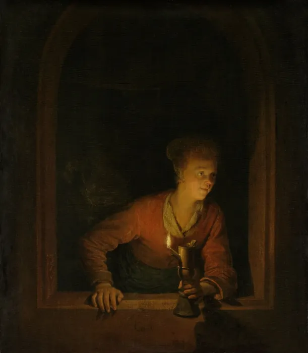 Framed Print : Girl with an Oil Lamp at a Window, by Gerard Dou, 1645-75, Dutch painting, oil on panel. Young women with burning oil lamp, leaning out of a window (BSLOC_2016_3_245)