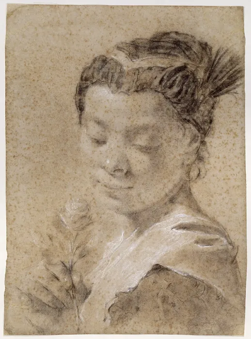 Framed Print : Girl with a Rose, or The Bud, by Giovan Battista Piazzetta, 1740, 18th Century, charcoal and white chalk on blue-gray paper - Italy, Veneto, Venice, Academy Galleries