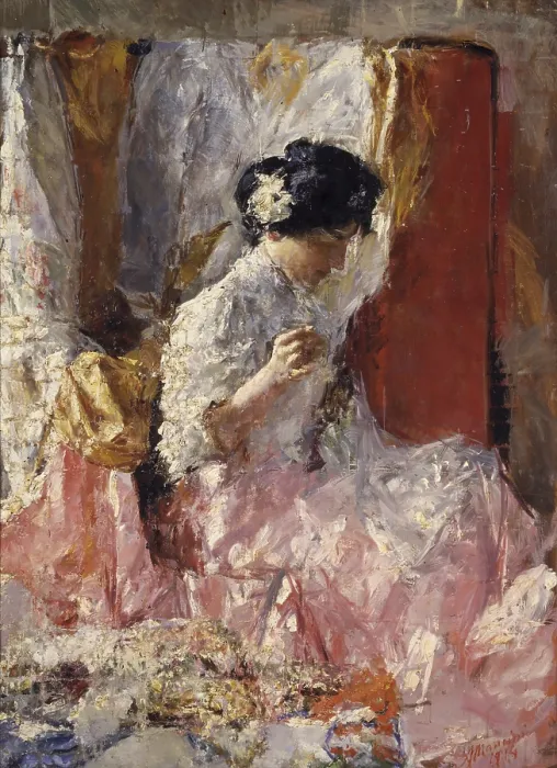 Framed Print : Girl Sewing, by Antonio Mancini, 1914, 20th Century, oil on canvas - Italy, Lazio, Rome, Gallery of National Academy of Saint Lucas. Whole artwork view Framed Print : Girl Sewing, by Antonio Mancini, 1914, 20th Century, oil on canvas - Italy, Lazio, Rome, Gallery of National Academy of Saint Lucas. Whole artwork view