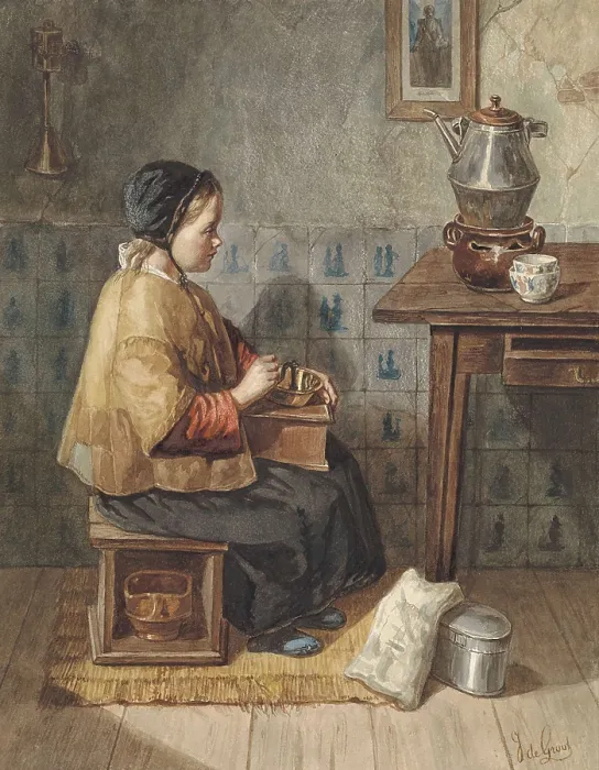 Framed Print : Girl Sitting on a Stove, Turning a Coffee Grinder, by Joseph de Groot, c. 1850-99, Dutch watercolor painting. Girl in patched clothing engaged in housework (BSLOC_2016_2_94) Framed Print : Girl Sitting on a Stove, Turning a Coffee Grinder, by Joseph de Groot, c. 1850-99, Dutch watercolor painting. Girl in patched clothing engaged in housework (BSLOC_2016_2_94)