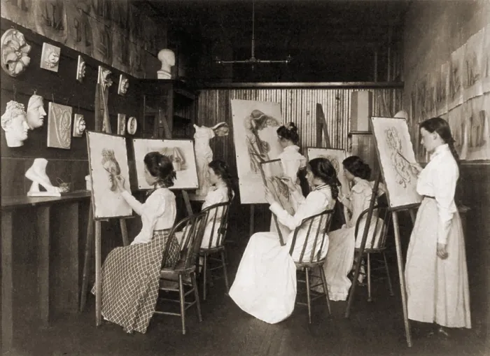 Framed Print : Six girls in art a high school art class drawing plaster casts of classical sculpture. 19th century art training immersed students in classical aesthetics. 1899 Framed Print : Six girls in art a high school art class drawing plaster casts of classical sculpture. 19th century art training immersed students in classical aesthetics. 1899