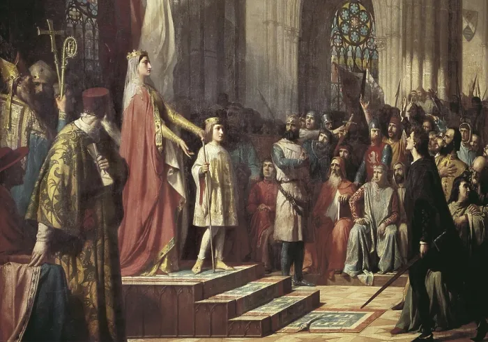 Framed Print : GISBERT, Antonio (1835-1902). Mara de Molina Presentando Her Son to the Valladolid Cortes. 1863. Fernando IV is presented to the Cortes (1295). Oil on canvas. SPAIN. Madrid
