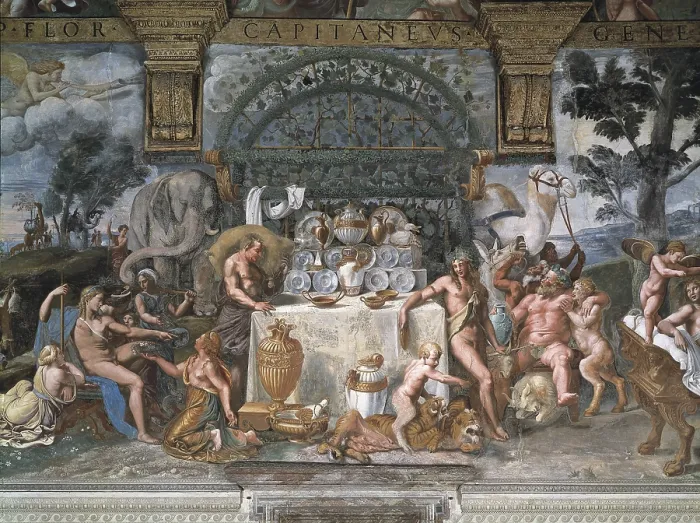 Framed Print : Giulio Romano, Giulio Pippi, called (1492-1546). The noble banquet. 1526-1528. Wall painting placed in the Room of Love and Psyche. Renaissance art. Cinquecento. Roman school Framed Print : Giulio Romano, Giulio Pippi, called (1492-1546). The noble banquet. 1526-1528. Wall painting placed in the Room of Love and Psyche. Renaissance art. Cinquecento. Roman school