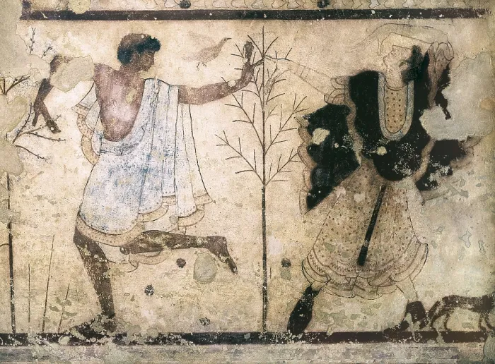 Framed Print : Giustiniani Tomb. 2nd half 5th c. BC. ITALY. Tarquinia. Necropolis of Monterozzi. Giustiniani Tomb.. Dancers. Etruscan art. Fresco. AISA / Everett Collection**US SALES ONLY**