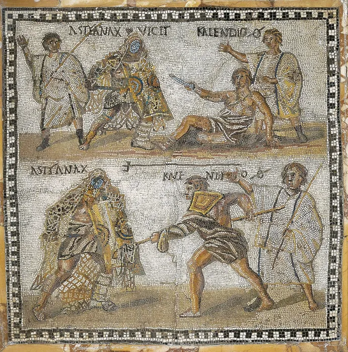 Framed Print : Gladiator Fight. 4th c. Roman art. Late Empire. Mosaic. SPAIN. Madrid. National Museum of Archaeology. AISA / Everett Collection**US SALES ONLY**