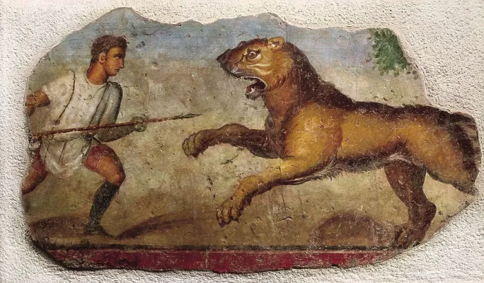 Framed Print : Gladiator fighting against a beast. ca. 1st c. Roman art. Fresco. SPAIN. Mrida.. National Museum of Roman Art. Proc: SPAIN. Mrida.. Roman Theatre