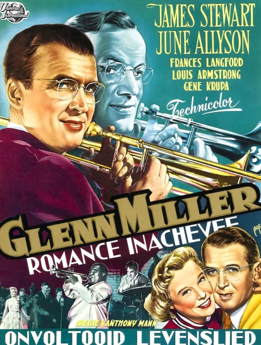 Framed Print : THE GLENN MILLER STORY, (aka ROMANCE INACHEVEE), topl-r: James Stewart as Glenn Miller, Glenn Miller, bottom l-r: June Allyson, James Stewart on Belgian poster art, 1954