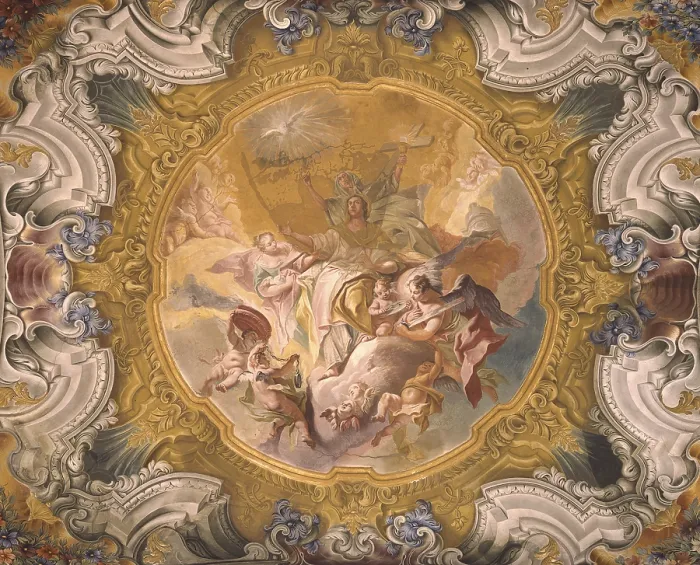 Framed Print : Glory of the Faith, by Carlo Innocenzo known as Carlone or Carloni, 18th century, fresco. - Italy, Lombardy, Monza, Cathedral. Whole artwork view
