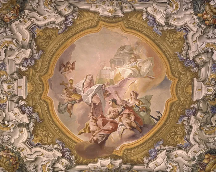Framed Print : Glory of Religion and Faith, Hope and Charity, by Carlo Innocenzo known as Carlone or Carloni, 18th century, fresco. - Italy, Lombardy, Monza, Cathedral. Whole artwork view Framed Print : Glory of Religion and Faith, Hope and Charity, by Carlo Innocenzo known as Carlone or Carloni, 18th century, fresco. - Italy, Lombardy, Monza, Cathedral. Whole artwork view