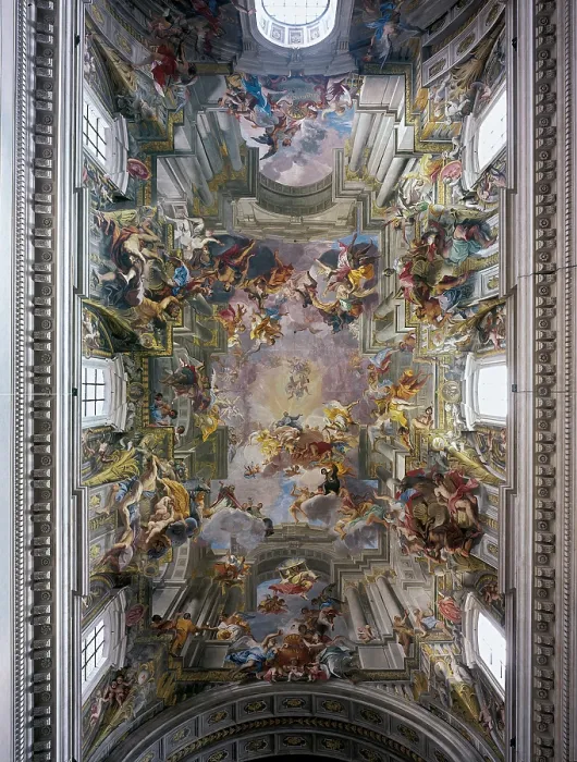 Framed Print : Glory of St Ignatius, by Andrea Pozzo, 1691 - 1694, 17th Century, fresco, - Italy, Lazio, Rome, SantIgnazio Church. All. Rejoicing of saints, clothes, colors
