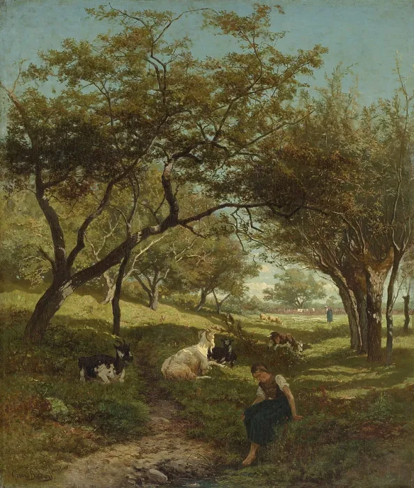 Framed Print : The Goat Herder, by Gerard Bilders, 1864, Dutch painting, oil on canvas. Landscape with a young woman herder and goats in a shady grove of trees Framed Print : The Goat Herder, by Gerard Bilders, 1864, Dutch painting, oil on canvas. Landscape with a young woman herder and goats in a shady grove of trees
