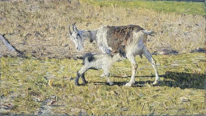 Framed Print : A Goat with her Kid, by Giovanni Segantini, 1890, Austrian painting, oil on canvas. Goat suckling her young in sun drenched landscape. (BSLOC_2016_1_318) Framed Print : A Goat with her Kid, by Giovanni Segantini, 1890, Austrian painting, oil on canvas. Goat suckling her young in sun drenched landscape. (BSLOC_2016_1_318)