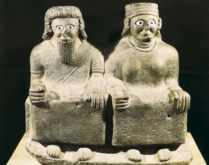 Framed Print : The god Haddad and the goddess Ishtar. 9th c. BC. Assyrian art. Sculpture on rock. SYRIA. Aleppo. Archaeological Museum. Proc: SYRIA. Tell Halaf