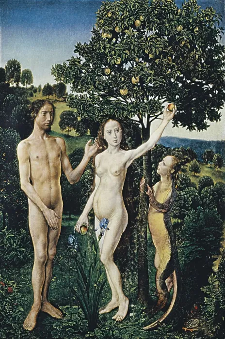 Framed Print : Goes, Hugo van der, also called 'Hugues de Gand' (1440-1482). Diptych: The Fall of Man and The Lamentation. 1467-1468. The original sin. Flemish art. Oil on wood Framed Print : Goes, Hugo van der, also called 'Hugues de Gand' (1440-1482). Diptych: The Fall of Man and The Lamentation. 1467-1468. The original sin. Flemish art. Oil on wood