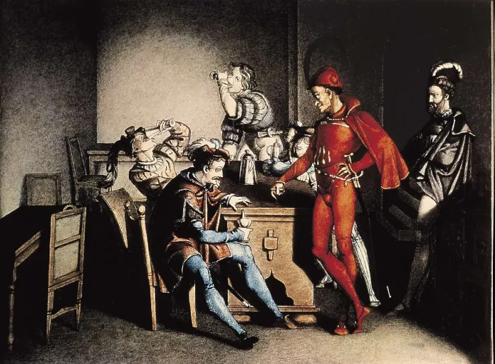 Framed Print : GOETHE, Johann Wolfgang von (1749-1832). 'Faust'. Illustration with the characters of Faust and Mephistopheles at the inn. Engraving. GERMANY. Frankfurt