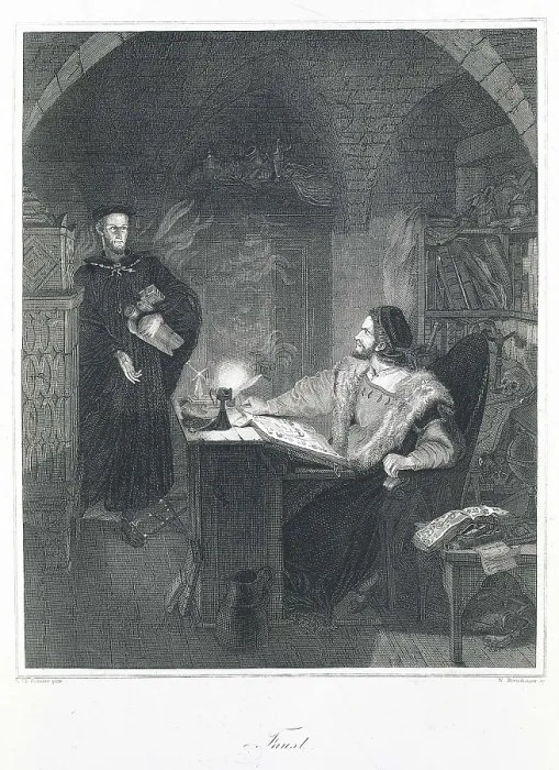 Framed Print : GOETHE, Johann Wolfgang von (1749-1832). 'Faust'. Illustration of the work with Faust (seated) and Mephistopheles. Etching. AISA / Everett Collection**US SALES ONLY**