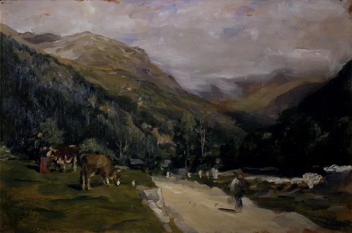 Framed Print : Going to Gressoney (Verso Gressoney), by Demetrio Cosola, 1893, 19th Century, oil on board - Private collection. Whole artwork view Framed Print : Going to Gressoney (Verso Gressoney), by Demetrio Cosola, 1893, 19th Century, oil on board - Private collection. Whole artwork view