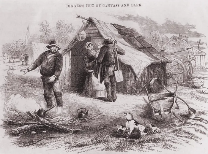 Framed Print : Gold diggers hut of canvas and bark in the Australian gold fields in the 1850s. The Australian population of 437, 655 doubled in the 1850's stimulated by the gold rush