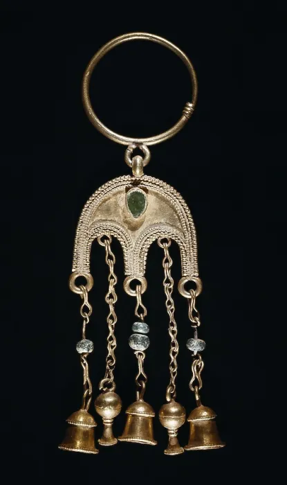 Framed Print : Gold earring with little bells. c. 500 BC. Roman art. Republican period. Jewelry. ITALY. Cagliari. National Archaeological Museum of Cagliari. Proc: ITALY. SARDINIA. Dolianova