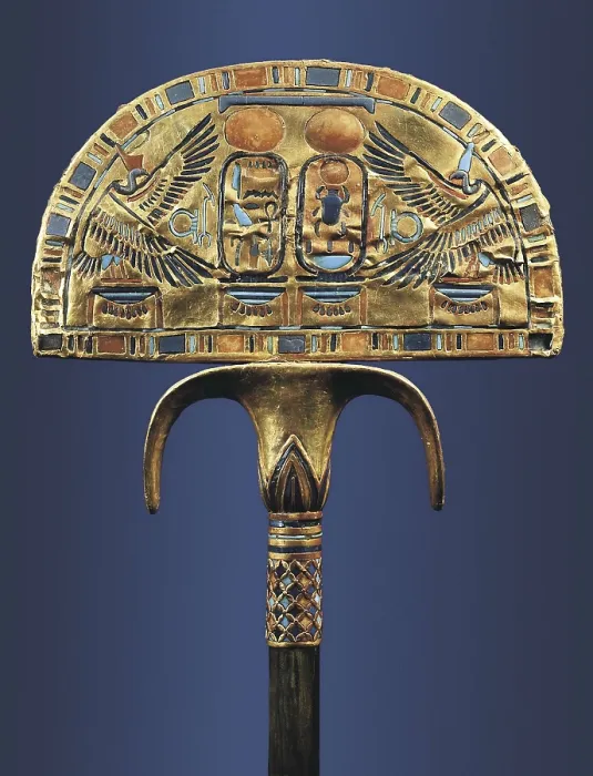 Framed Print : Gold fan. 1333 BC. Originally it was crowned with ostrich feathers. Treasure of Tutankhamun. Gold, lapis lazuli and precious stones. Egyptian art. New Kingdom. Jewelry. EGYPT