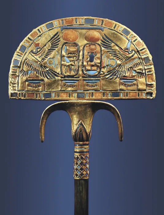 Framed Print : Gold fan. 1333 BC. Originally it was crowned with ostrich feathers. Treasure of Tutankhamun. Gold, lapis lazuli and precious stones. Egyptian art. New Kingdom. Jewelry. EGYPT Framed Print : Gold fan. 1333 BC. Originally it was crowned with ostrich feathers. Treasure of Tutankhamun. Gold, lapis lazuli and precious stones. Egyptian art. New Kingdom. Jewelry. EGYPT