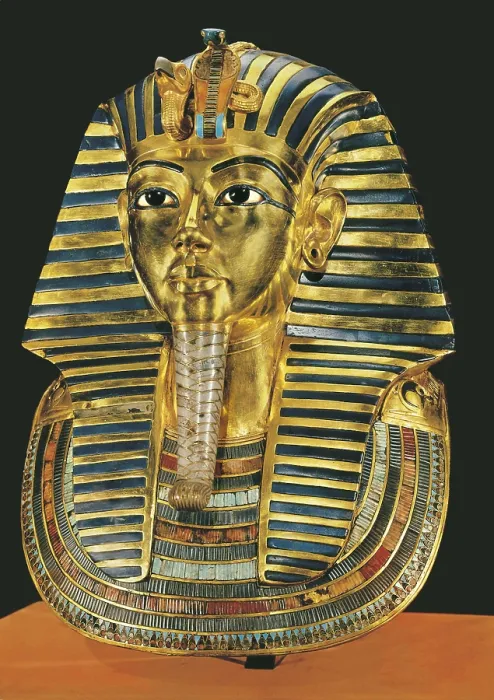 Framed Print : The gold mask. ca. 1340 BC. Gold Mask made in wood, gold, coloured vitreous paste and hard stones inlays. Situated at the third in mummiform coffin of the Treasure of Tutankhamun