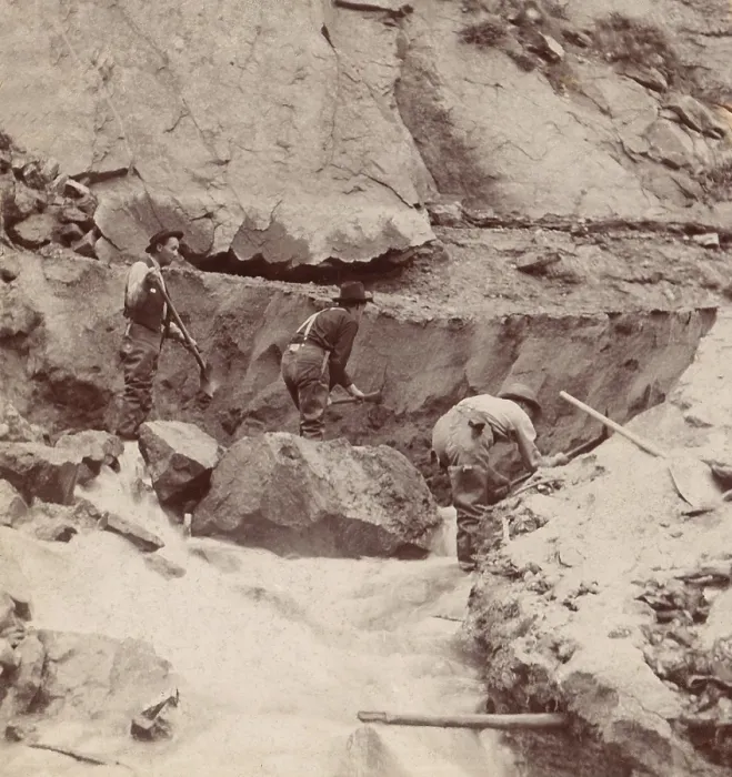 Framed Print : Three gold miners working a claim with picks and shovels, Alaska, c. 1897-99 (BSLOC_2018_3_53)