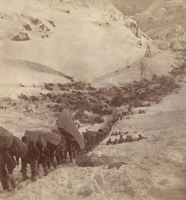 Framed Print : Gold seekers climbing the Golden Stairs near the top of Chilkoot Pass, in Alaska, winter 1897-98