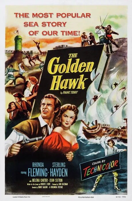 Framed Print : THE GOLDEN HAWK, US poster, from left: Sterling Hayden, Rhonda Fleming, 1952
