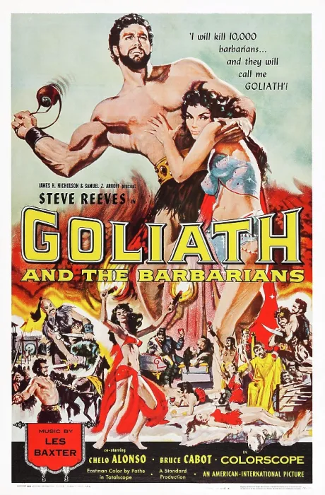 Framed Print : GOLIATH AND THE BARBARIANS, (aka IL TERRORE DEI BARBARI), US poster, top from left: Steve Reeves, Chelo Alonso, 1959