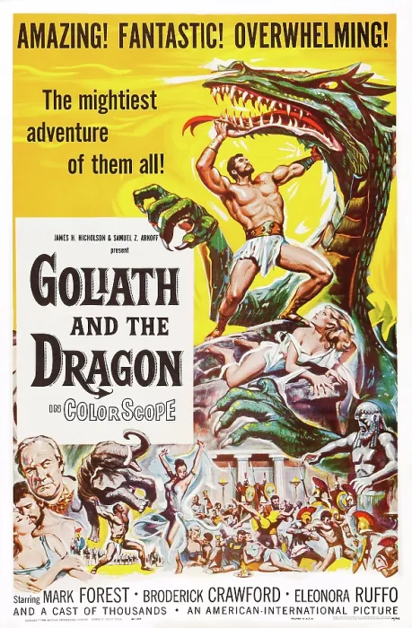 Framed Print : GOLIATH AND THE DRAGON, (aka LA VENDETTA DI ERCOLE), top: Mark Forest, bottom l-r: Leonora Ruffo (aka Eleanora Ruffo), Mark Forest, Broderick Crawford on poster art, 1960