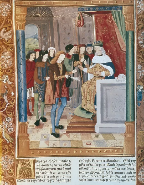 Framed Print : GONTRAN I (545-592). King of Burgundy and Orleans (561-592). The king with his son Childebert II and some other knights Framed Print : GONTRAN I (545-592). King of Burgundy and Orleans (561-592). The king with his son Childebert II and some other knights