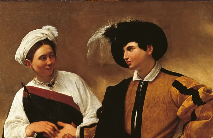 Framed Print : The Good Luck, by Michelangelo Merisi known as Caravaggio, 1593 - 1594 about, 16th Century, oil on canvas, cm 115 x 150 - Italy, Lazio, Rome, Capitoline Museums