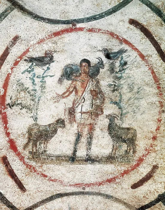 Framed Print : The Good Shepherd. 1st-3rd c. ITALY. Rome. Catacombs of Priscilla. Paleo-christian art. Fresco. AISA / Everett Collection**US SALES ONLY**