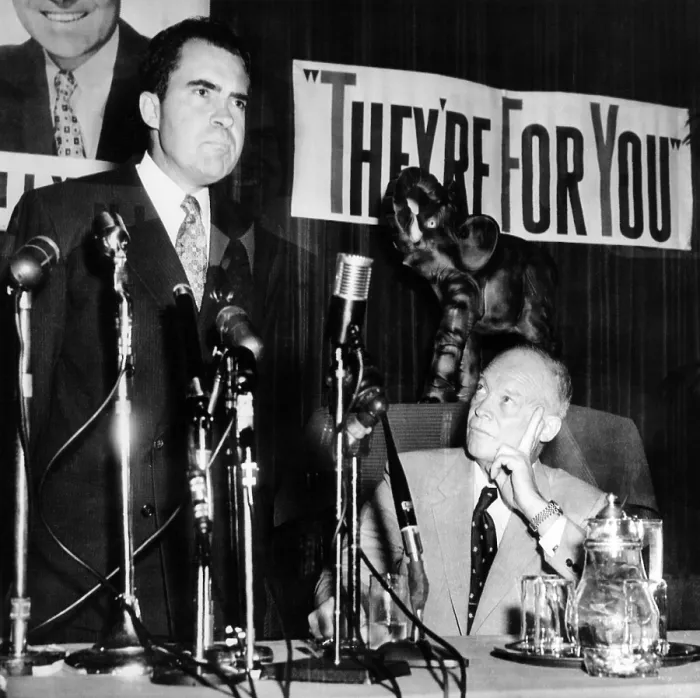 Framed Print : GOP Presidential candidate Dwight Eisenhower (right) listens as his running mate Sen. Richard Nixon. The appeared together at Eisenhower campaign headquarters in Washington, DC
