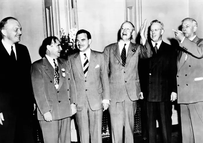 Framed Print : GOP presidential hopefuls at the 1948 Republican National Convention in Philadelphia. L-R: Gov. Howard Stassen; Speaker the House Joseph Martin, Jr.; Gov. Thomas Dewey, Sen Framed Print : GOP presidential hopefuls at the 1948 Republican National Convention in Philadelphia. L-R: Gov. Howard Stassen; Speaker the House Joseph Martin, Jr.; Gov. Thomas Dewey, Sen