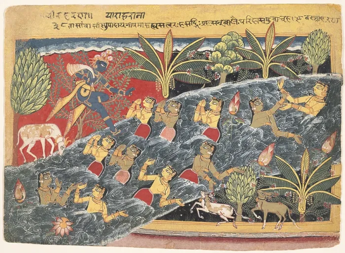 Framed Print : THE GOPIS PLEAD WITH KRISHNA TO RETURN THEIR CLOTHING, 1550-60s, Indian, Hindu watercolor, painting